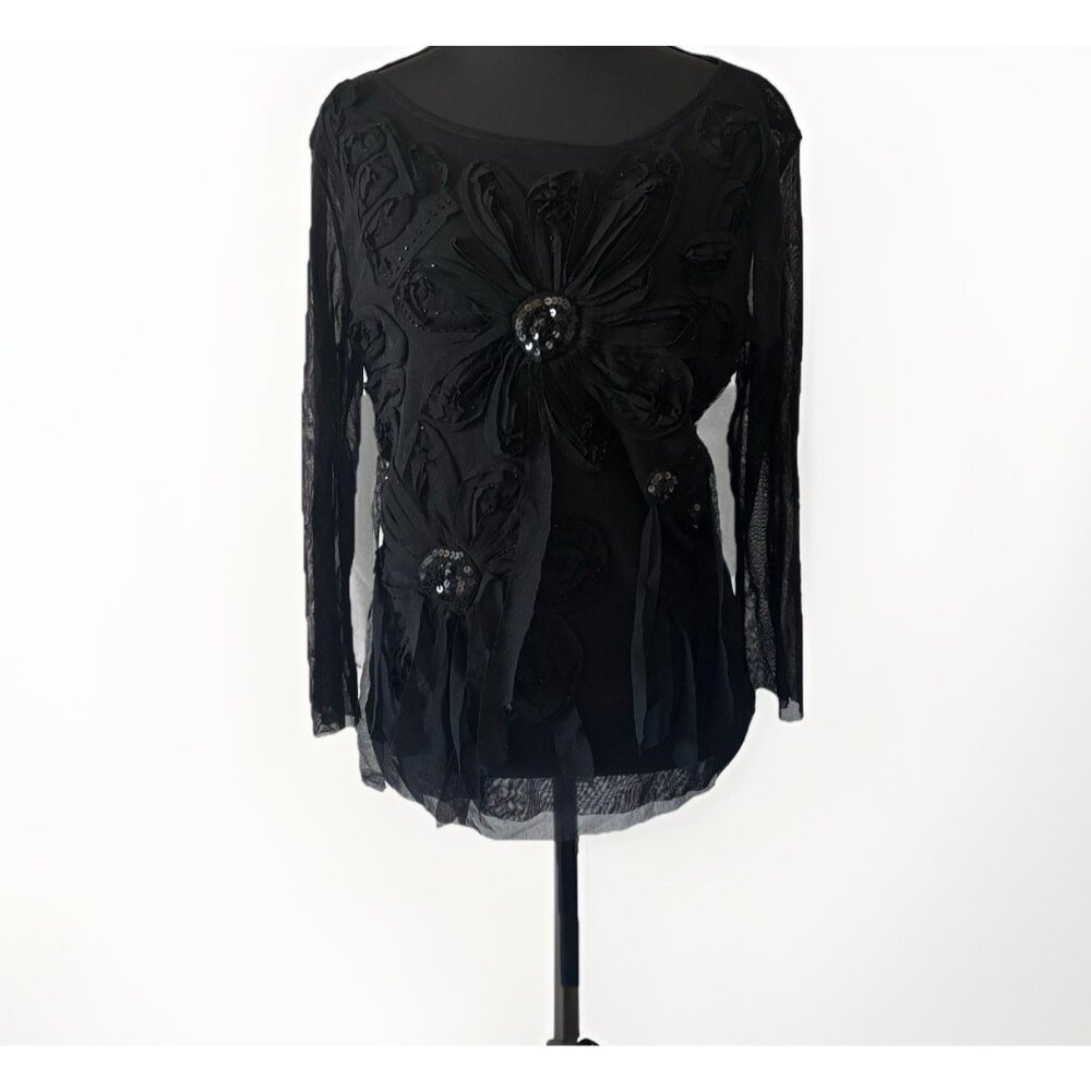 Y2K Fairy Blouse Black Sheer Whimsygoth 3D Floral Beaded Sequins Vintage NO TAG